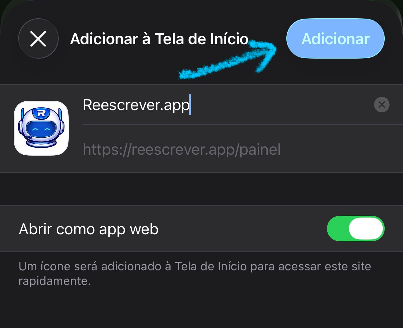 Confirmação para adicionar o aplicativo